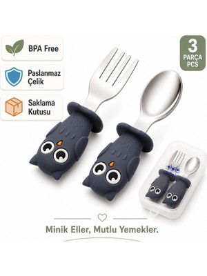 Jojobebek  Baykuş Figürlü Premium Çocuk Bpa Free Silikon Sap Paslanmaz Çelik Uçlu Çatal-Kaşık Set 9+ Ay (Lacivert Renk)