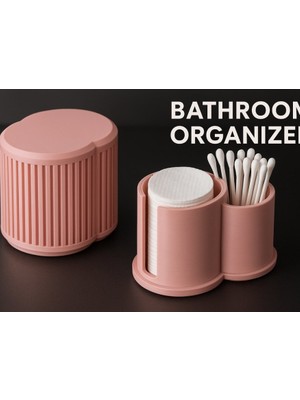 3D Baskı Zamanı Modern Ikili Banyo Düzenleyici Seti - 3D Tasarım Mat Pembe Pamukluk & Kulak Çubuğu Organizeri ve Kapaklı Saklama Kutusu