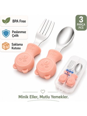 Jojobebek Pembe Renk Ayıcık Figürlü Premium Çocuk BPA Free Silikon Sap Paslanmaz Çelik Uçlu Çatal-Kaşık Set ve Saklama Kutusu 9+ Ay