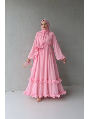 By Esma Eser Fırfırlı Şifon Elbise - Pembe (Şal Dahil)
