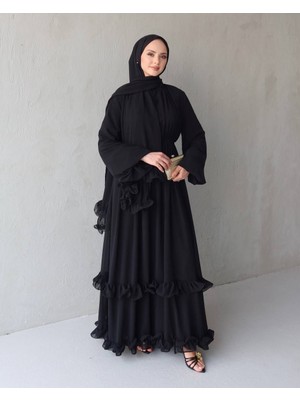 By Esma Eser Fırfırlı Şifon Elbise - Siyah (Şal Dahil)