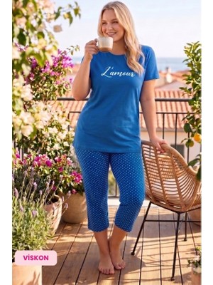 Guava Kadın Düğmesiz Bisiklet Yaka  Viskon Kısa Kol Kapri Pijama Takımı(Basen Kapatır Tunik Boy Kapri)