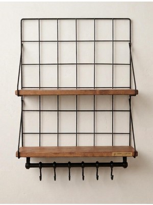 Skygo Çift Ahşap Raflı Metal Duvar Rafı 6 Kancalı Mutfak & Banyo Organizer 60*40 cm