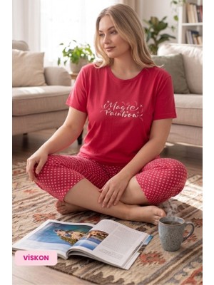 Guava Kadın Düğmesiz Bisiklet Yaka  Viskon Kısa Kol Kapri Pijama Takımı(Basen Kapatır Tunik Boy Kapri)