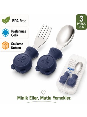 Jojobebek Lacivert Renk Ayıcık Figürlü Premium Çocuk BPA Free Silikon Sap Paslanmaz Çelik Uçlu Çatal-Kaşık Set ve Saklama Kutusu 9+ Ay