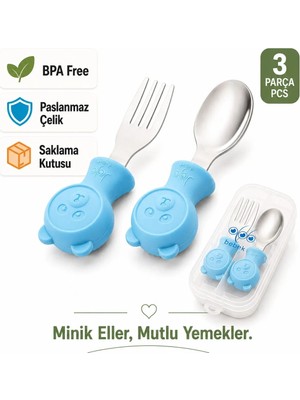 Jojobebek Ayıcık Figürlü Premium Çocuk Bpa'sız Silikon Saplı Paslanmaz Çelik Uçlu Çatal-Kaşık/saklama Kutusu 9+Ay