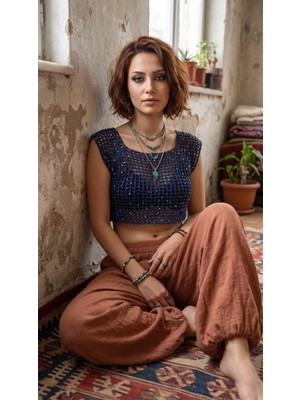 Talin Handmade El Örgüsü Pullu Crop Bluz – Organik Koton Ip Hafif ve Nefes Alabilen Tasarım