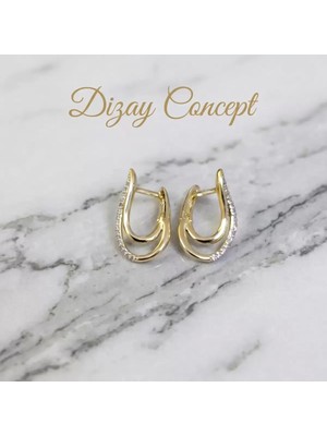 Dizay Concept Zirkon Taşlı Altın Kaplama Kıvrımlı Küpe Modern Çift Hatlı Tasarım-Dz-3