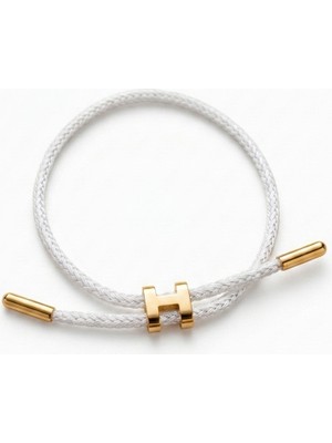 Celikchi Unisex H Model Gold Renk Çelik Detay Beyaz Ip Bileklik