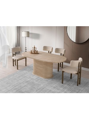 Viento Mobilya Bohem Traverten Desen Mdf Sabit 180X90 Masa Tuna 8 Adet Krem Bukle Kumaş Sandalye Masa Takımı