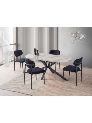 Viento Mobilya Bohem Venezia Highgloss Sabit 180X90 Masa Liza 8 Adet Antrasit Bukle Kumaş Sandalye Masa Takımı