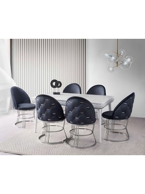 Viento Mobilya Roma Marmo Highgloss Açılır 155X90 Masa Carizma 6 Adet Antrasit Babyface Sandalye Masa Takımı