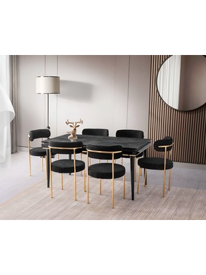 Viento Mobilya Roma Irony Highgloss Açılır 155X90 Masa Vera 6 Adet Siyah Bukle Kumaş Sandalye Masa Takımı