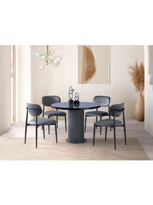Viento Mobilya Bohem Gri Highgloss Yuvarlak 104X104 Masa Liza 4 Adet Gri Babyface Kumaş Sandalye Masa Takımı