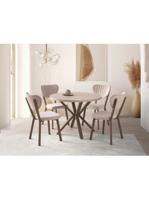 Viento Mobilya Bohem Traverten Mdf Yuvarlak 104X104 Masa Elma 4 Adet Krem Babyface Kumaş Sandalye Masa Takımı
