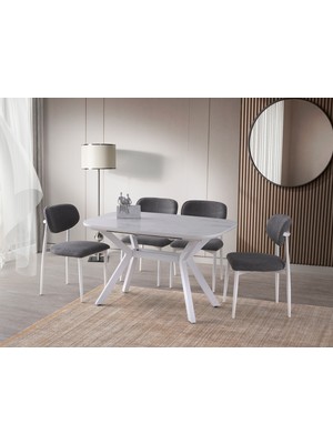 Viento Mobilya Valentin Marmo Highgloss Açılır 130X80 Masa Liza 4 Adet Gri Coco Kumaş Sandalye Masa Takımı