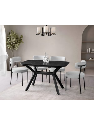 Viento Mobilya Valentin Royal Mermer Hg Açılır 130X80 Masa Vera 4 Adet Beyaz Bukle Kumaş Sandalye Masa Takımı