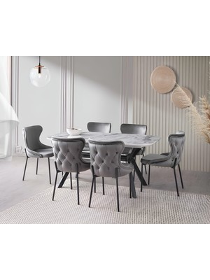 Viento Mobilya Valentin Venezia Hg Açılır 160X90 Masa Kelebek 6 Adet Gri Babyface Kumaş Sandalye Masa Takımı