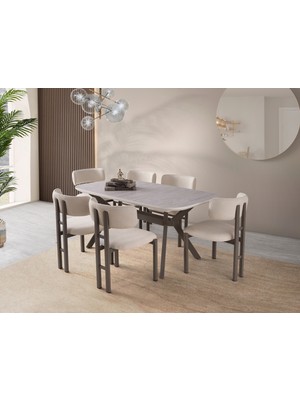 Viento Mobilya Valentin Traverten Mdf Açılır 160X90 Masa Tuna 6 Adet Krem Bukle Kumaş Sandalye Masa Takımı