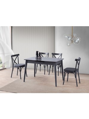 Viento Mobilya Venüs Karbon Gri Hg Açılır 120X80 Masa Bahar 6 Adet Antrasit Babyface Kumaş Sandalye Masa Takımı