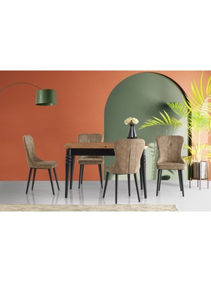 Viento Mobilya Lavinya Kaşıklıklı Antik Çam Açılır 130X80 Masa Leon 6 Adet Kahve Sandalye Kumaş Masa Takımı