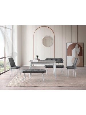 Viento Mobilya Venüs Rambla Highgloss Açılır 120X80 Masa 6 Kişilik Bench Takımı Gri Babyface Sandalye Masa Takımı