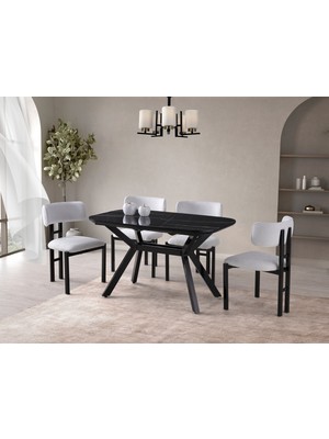 Viento Mobilya Valentin Sonata Highgloss Açılır 130X80 Masa Tuna 6 Adet Beyaz Bukle Kumaş Sandalye Masa Takımı