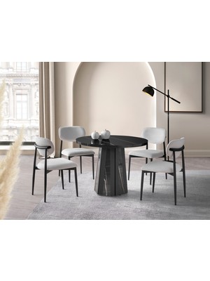 Viento Mobilya Bohem Sonata Highgloss Yuvarlak 104X104 Masa Liza 6 Adet Beyaz Bukle Kumaş Sandalye Masa Takımı