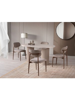 Viento Mobilya Bohem Aytaşı Desen Hg Açılır 160X90 Masa Liza 6 Adet Vizon Coco Kumaş Sandalye Masa Takımı