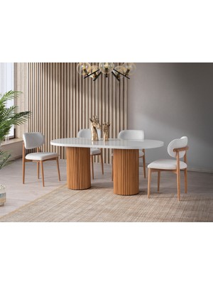 Viento Mobilya Bohem Beyaz Highgloss Sabit 180X90 Masa Liza 4 Adet Beyaz Bukle Kumaş Ahşap Sandalye Masa Takımı