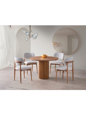 Viento Mobilya Bohem Antik Çam Desen Yuvarlak 104X104 Masa Liza 4 Adet Beyaz Bukle Kumaş Sandalye Masa Takımı