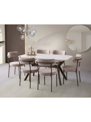 Viento Mobilya Valentin Aytaşı Highgloss Açılır 160X90 Masa Vera 6 Adet Vizon Bukle Kumaş Sandalye Masa Takımı