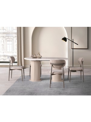 Viento Mobilya Bohem Aytaşı Desen Highgloss Açılır 160X90 Masa Liza 8 Adet Vizon Coco Kumaş Sandalye Masa Takımı