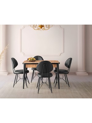 Viento Mobilya Kelebek Antik Çam Mdf Açılır 110X70 Masa Ahtapot 4 Adet Siyah Suni Deri Sandalye Masa Takımı