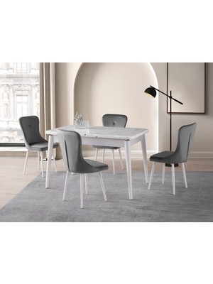 Viento Mobilya Kelebek Marmo Highgloss Açılır 110X70 Masa Leon 4 Adet Gri Babyface Kumaş Sandalye Masa Takımı