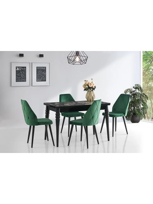 Viento Mobilya Yakamoz Siyah Mermer Desen Açılır 120X80 Masa Hira 4 Adet Yeşil Babyface Sandalye Masa Takımı