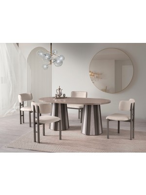 Viento Mobilya Bohem Cappucino Highgloss Sabit 180X90 Masa Tuna 4 Adet Krem Bukle Kumaş Sandalye Masa Takımı