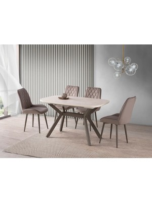 Viento Mobilya Valentin Traverten Mdf Açılır 130X80 Masa Riva 4 Adet Vizon Babyface Kumaş Sandalye Masa Takımı
