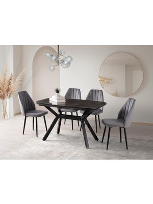Viento Mobilya Valentin Irony Highgloss Açılır 130X80 Masa Defne 6 Adet Gri Babyface Kumaş Sandalye Masa Takımı