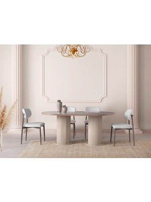 Viento Mobilya Bohem Cappucino Highgloss Sabit 180X90 Masa Liza 6 Adet Krem Bukle Kumaş Sandalye Masa Takımı