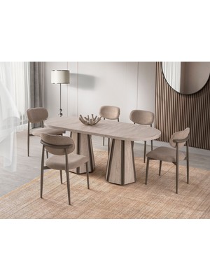 Viento Mobilya Bohem Traverten Desen Mdf Açılır 160X90 Masa Liza 8 Adet Vizon Coco Kumaş Sandalye Masa Takımı