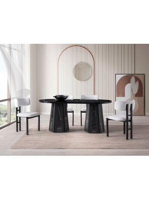 Viento Mobilya Bohem Sonato Highgloss Sabit 180X90 Masa Tuna 4 Adet Beyaz Bukle Kumaş Sandalye Masa Takımı