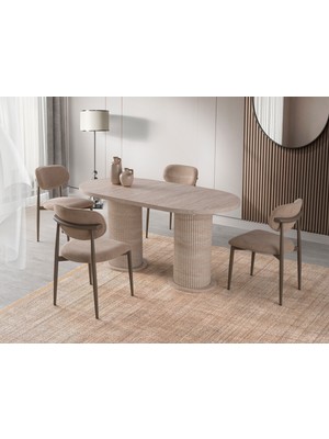 Viento Mobilya Bohem Traverten Desen Mdf Sabit 180X90 Masa Liza 8 Adet Vizon Bukle Kumaş Sandalye Masa Takımı