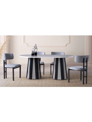 Viento Mobilya Bohem Sis Gri Highgloss Sabit 180X90 Masa Tuna 6 Adet Açık Gri Bukle Kumaş Sandalye Masa Takımı