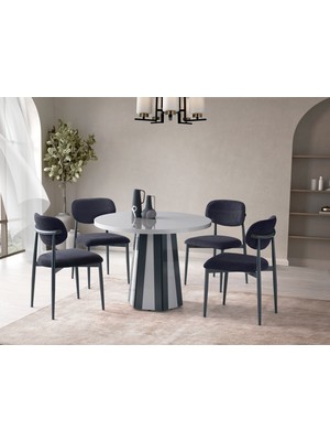 Viento Mobilya Bohem Sis Gri Hg Yuvarlak 104X104 Masa Liza 4 Adet Antrasit Bukle Kumaş Sandalye Masa Takımı