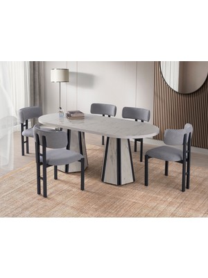 Viento Mobilya Bohem Marmo Highgloss Açılır 160X90 Masa Tuna 4 Adet Açık Gri Bukle Kumaş Sandalye Masa Takımı