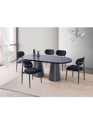 Viento Mobilya Bohem Gri Desen Highgloss Açılır 160X90 Masa Liza 8 Adet Antrasit Bukle Kumaş Sandalye Masa Takımı