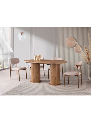Viento Mobilya Bohem Antik Çam Desen Açılır 160X90 Masa Liza 8 Adet Vizon Bukle Kumaş Sandalye Masa Takımı