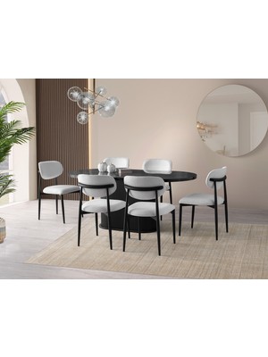 Viento Mobilya Bohem Irony Highgloss Sabit 180X90 Masa Liza 6 Adet Beyaz Bukle Kumaş Sandalye Masa Takımı