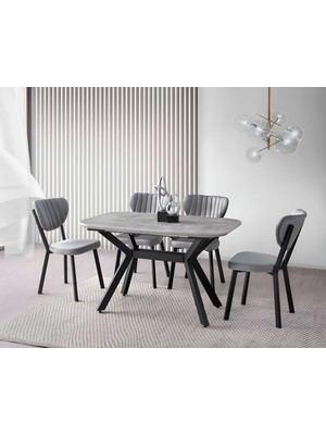 Viento Mobilya Valentin Retro Gümüş Mdf Açılır 130X80 Masa Elma 6 Adet Gri Babyface Kumaş Sandalye Masa Takımı